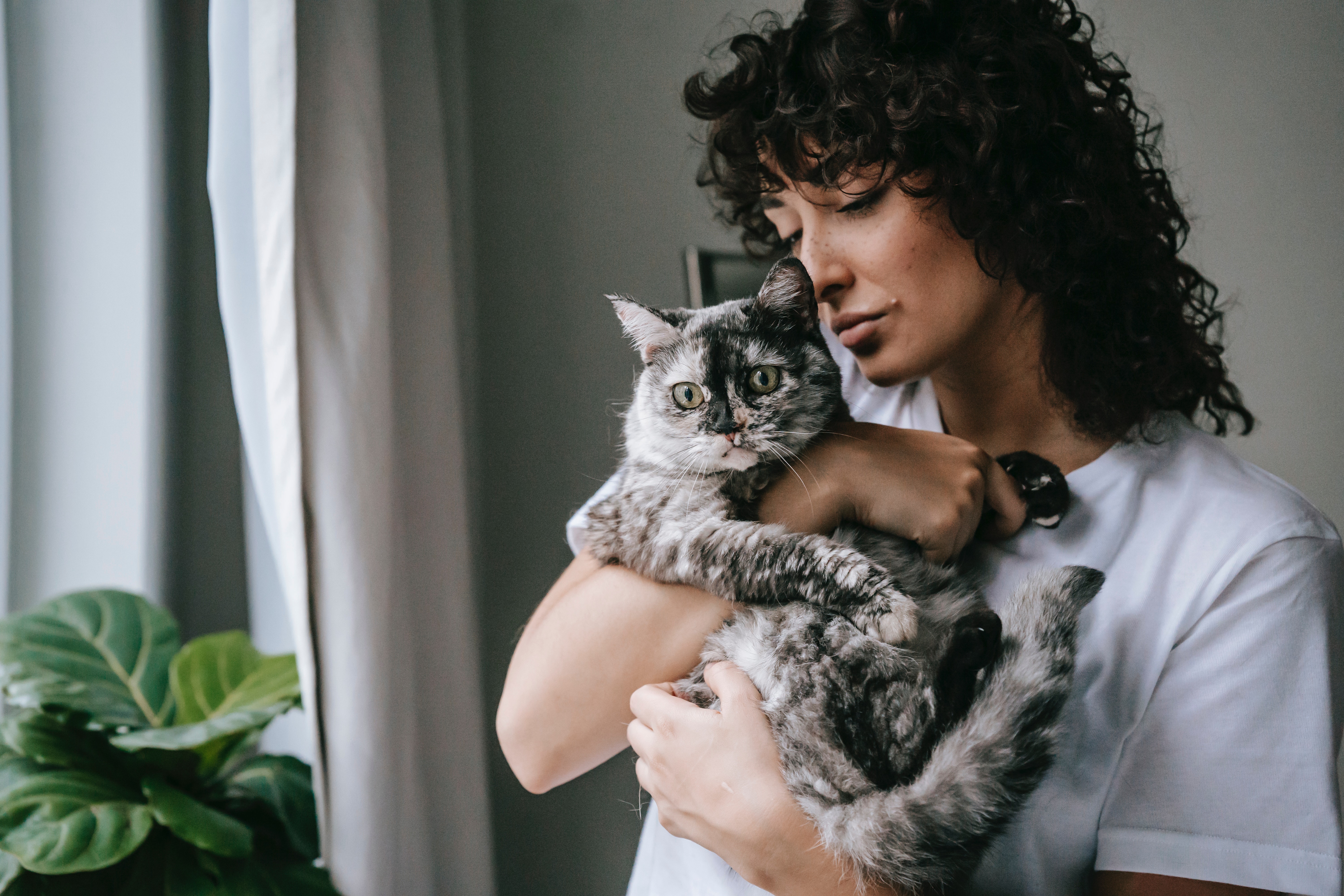 A woman hugging a cat.